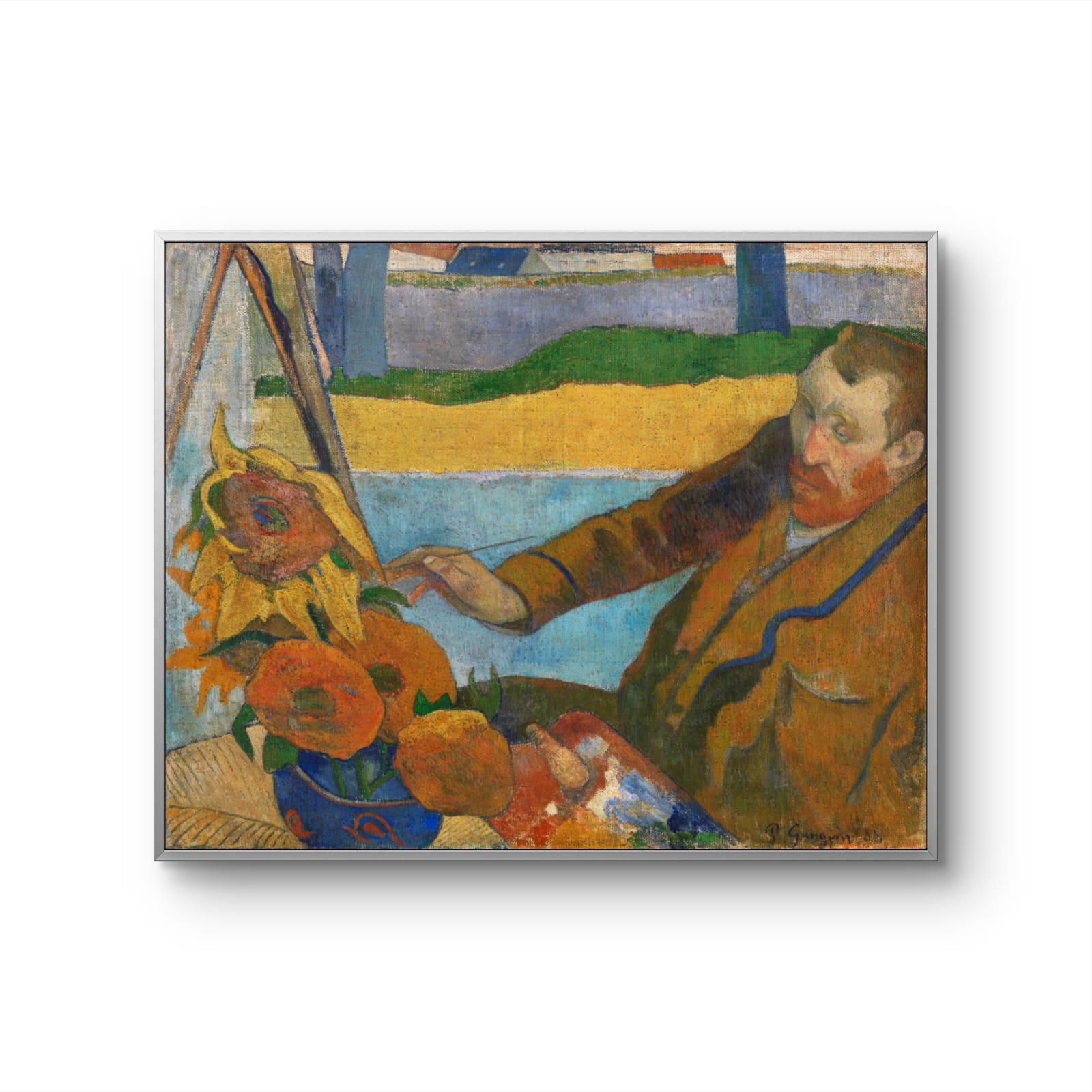 Framed artwork of a man painting sunflowers with a landscape in the background.