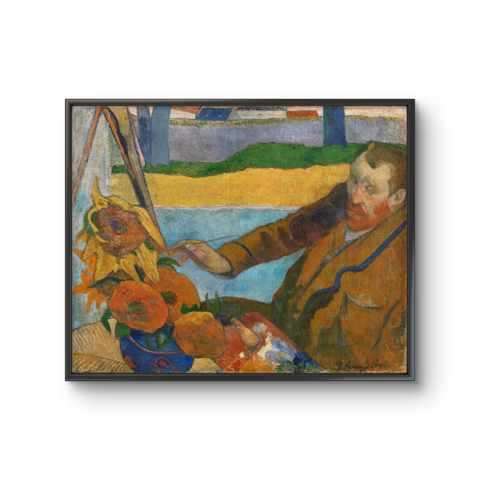 Framed artwork of a man with sunflowers and a landscape in the background