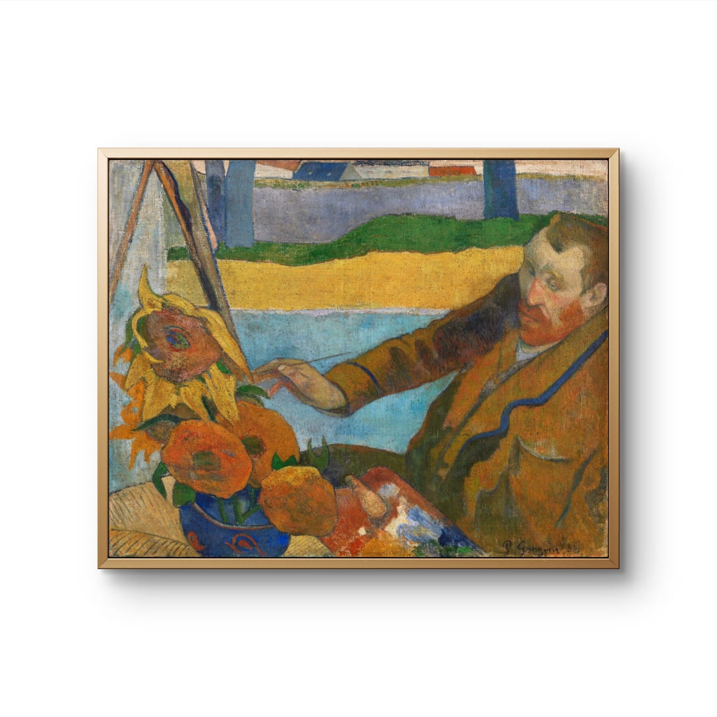 Framed artwork of a man with sunflowers and a landscape.