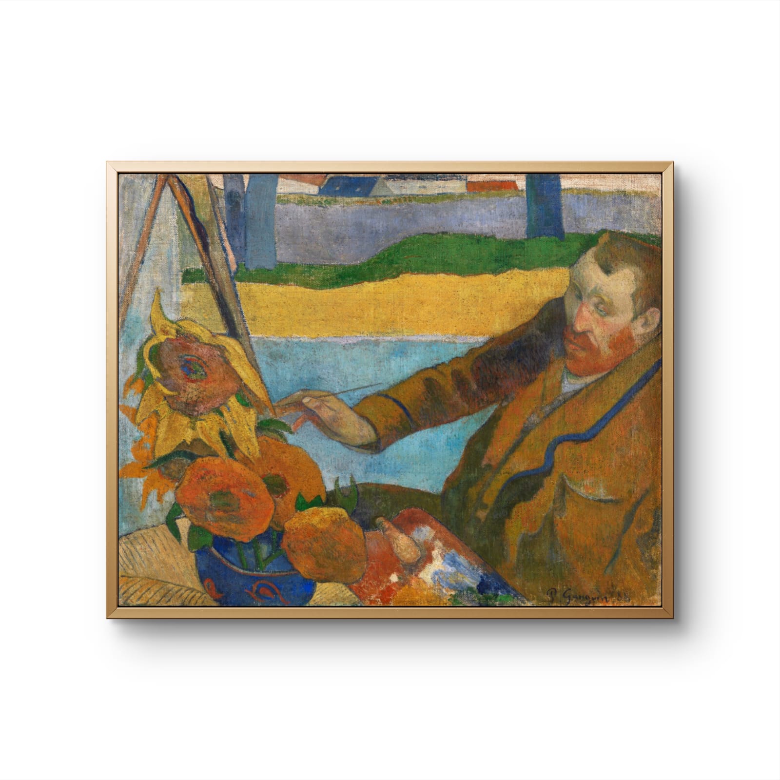 Framed artwork of a man with sunflowers and a landscape.