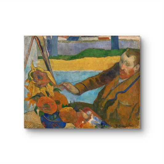 Framed artwork of a man painting sunflowers with a landscape in the background