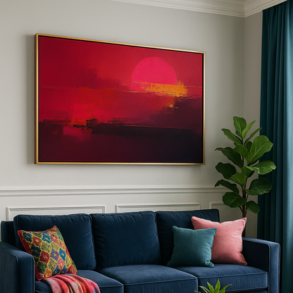 Living room with a blue sofa, colorful pillows, and a large abstract painting on the wall.