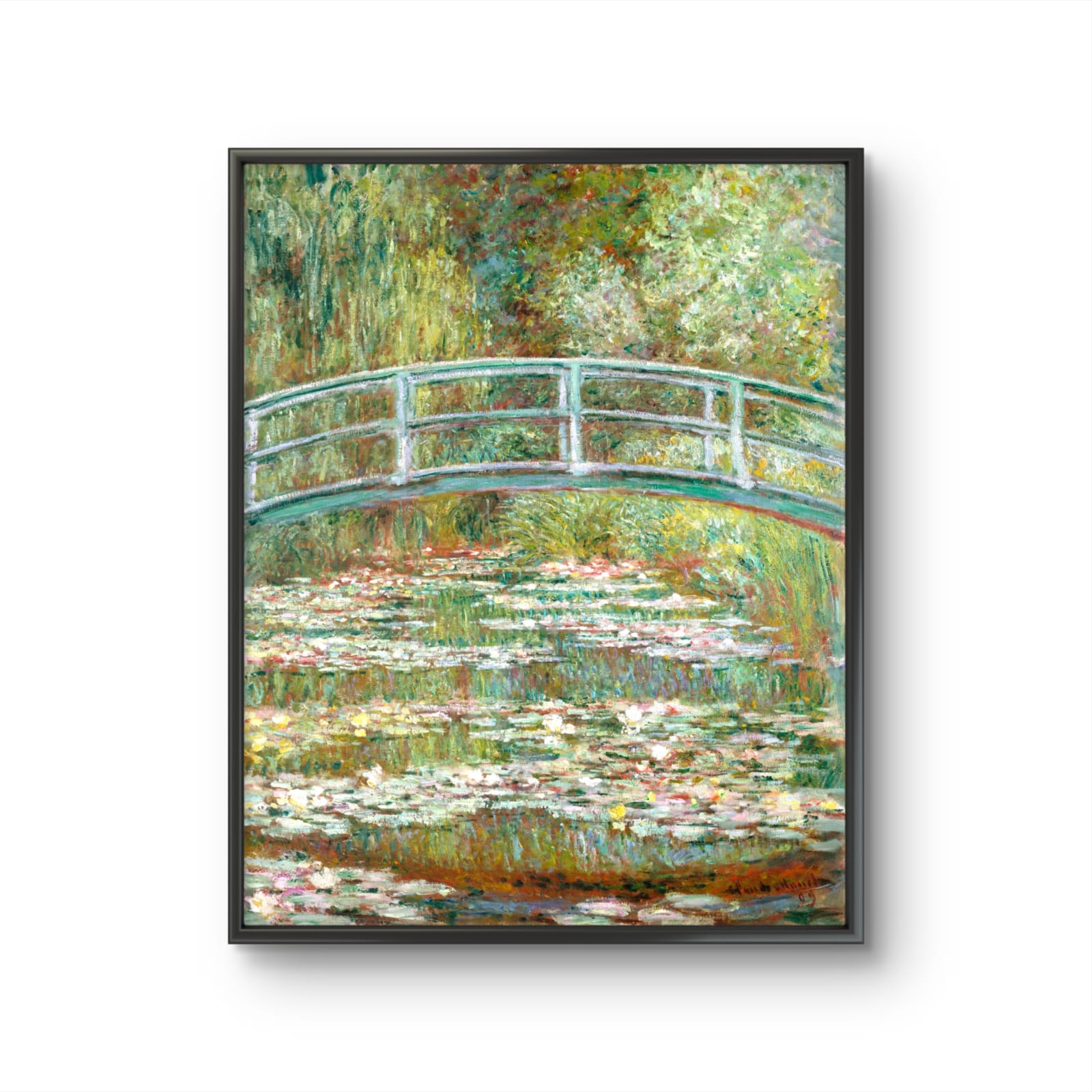 Framed artwork of a bridge over water lilies by Claude Monet on a white background