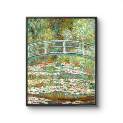 Framed artwork of a bridge over water lilies by Claude Monet on a white background