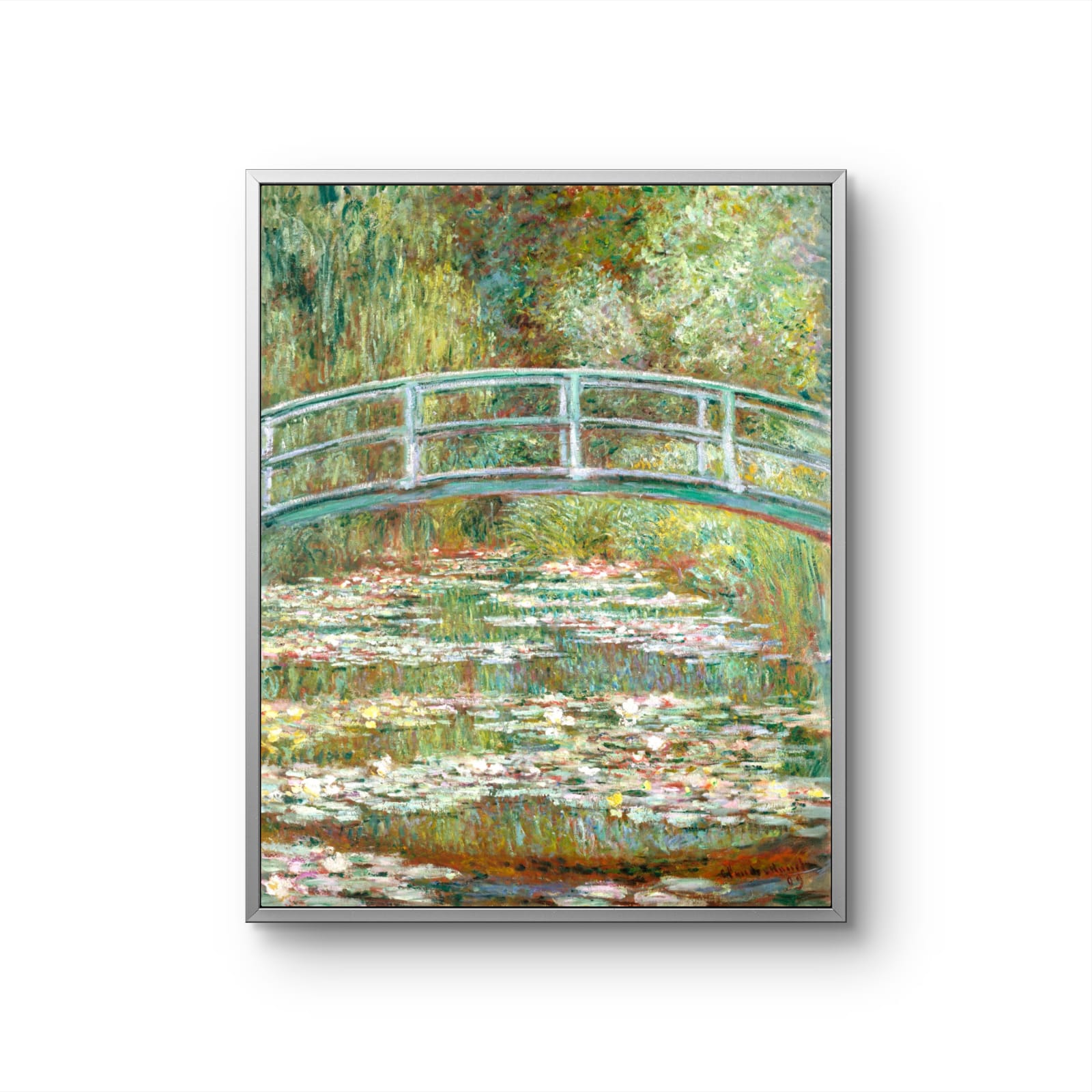 Framed artwork of a bridge over water lilies with a white background