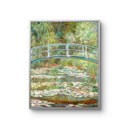 Framed artwork of a bridge over water lilies with a white background