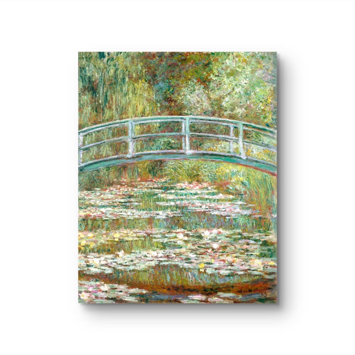 Painting of a bridge over water lilies with a white background