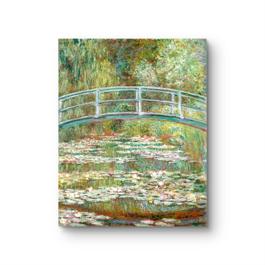 Painting of a bridge over water lilies with a white background