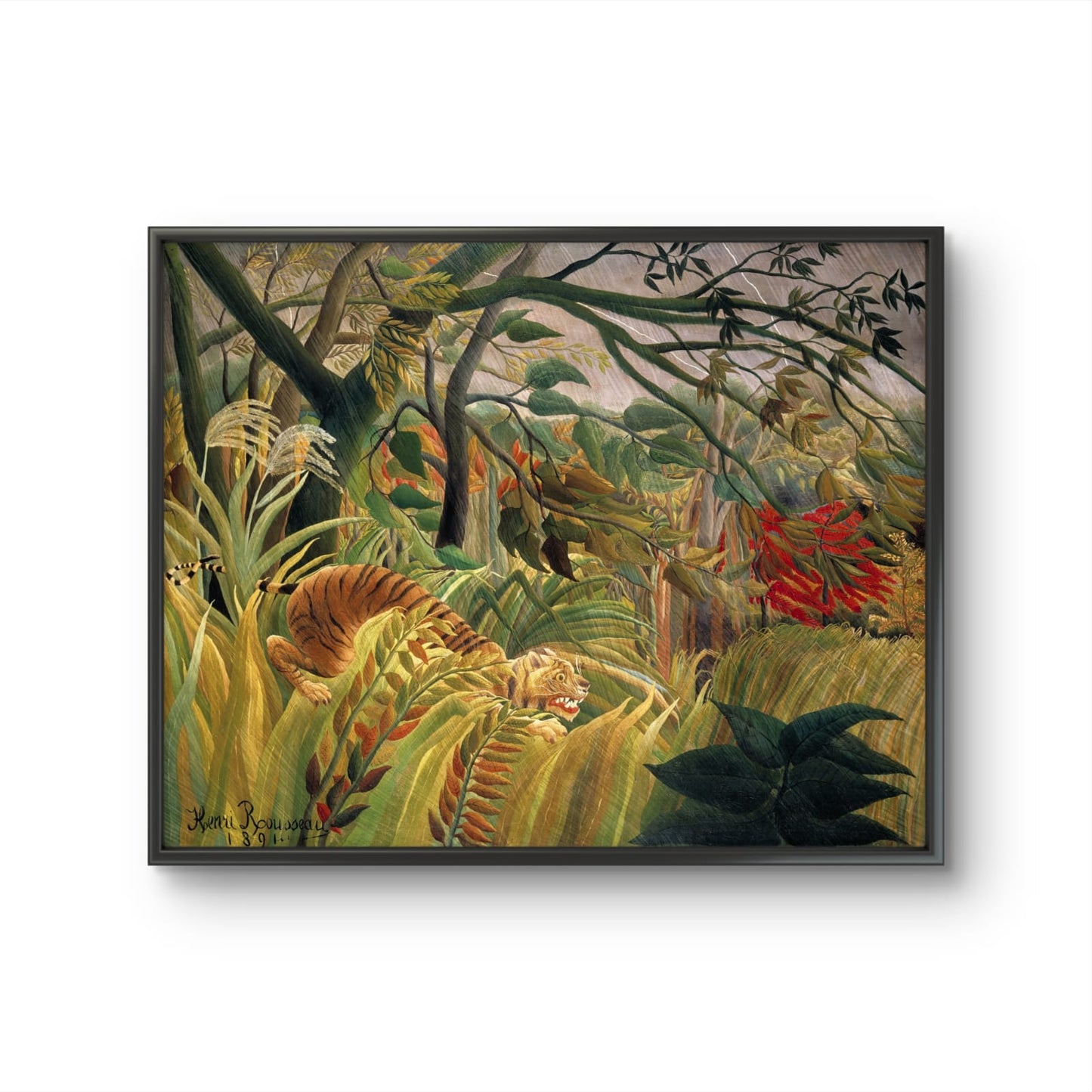 Framed painting of a jungle scene with animals on a white wall