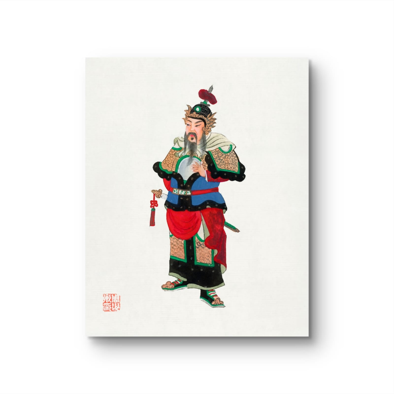 Traditional Chinese figure in elaborate costume on a white background