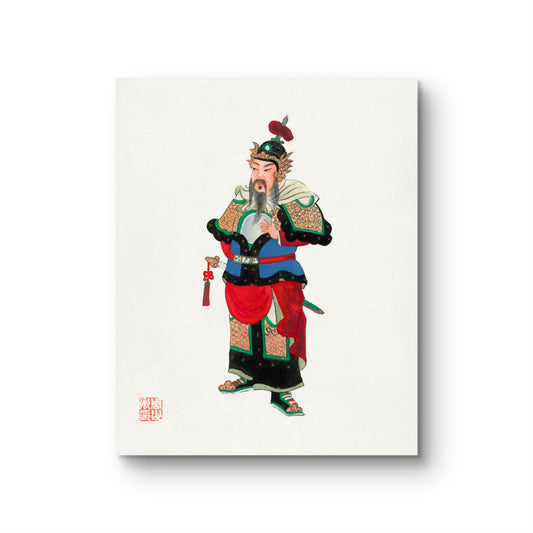 Traditional Chinese figure in elaborate costume on a white background