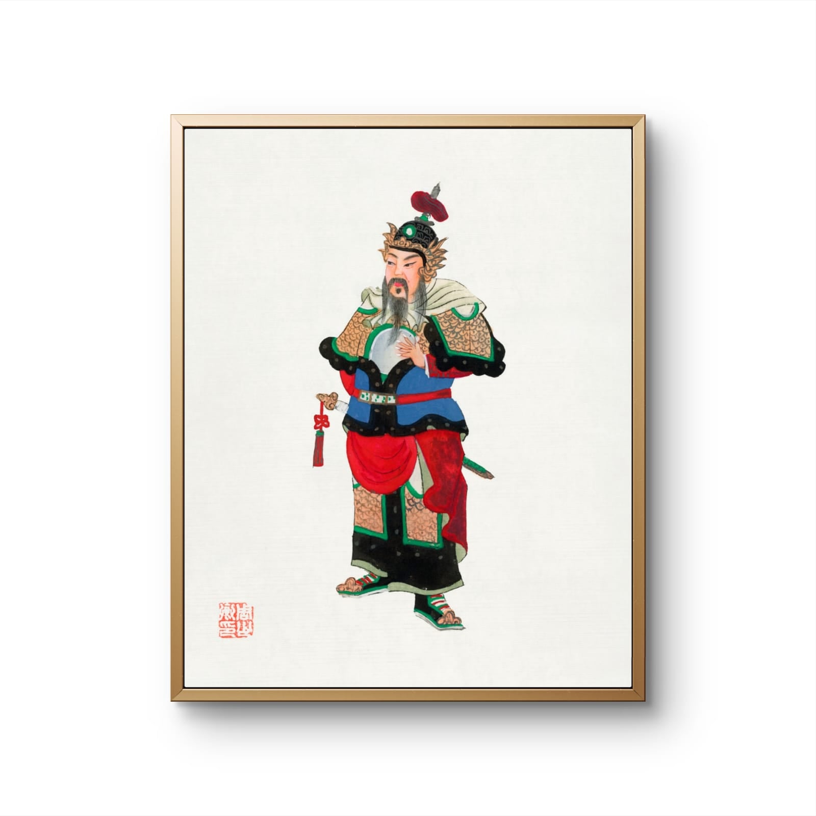 Framed artwork of a traditional Chinese warrior figure on a white background