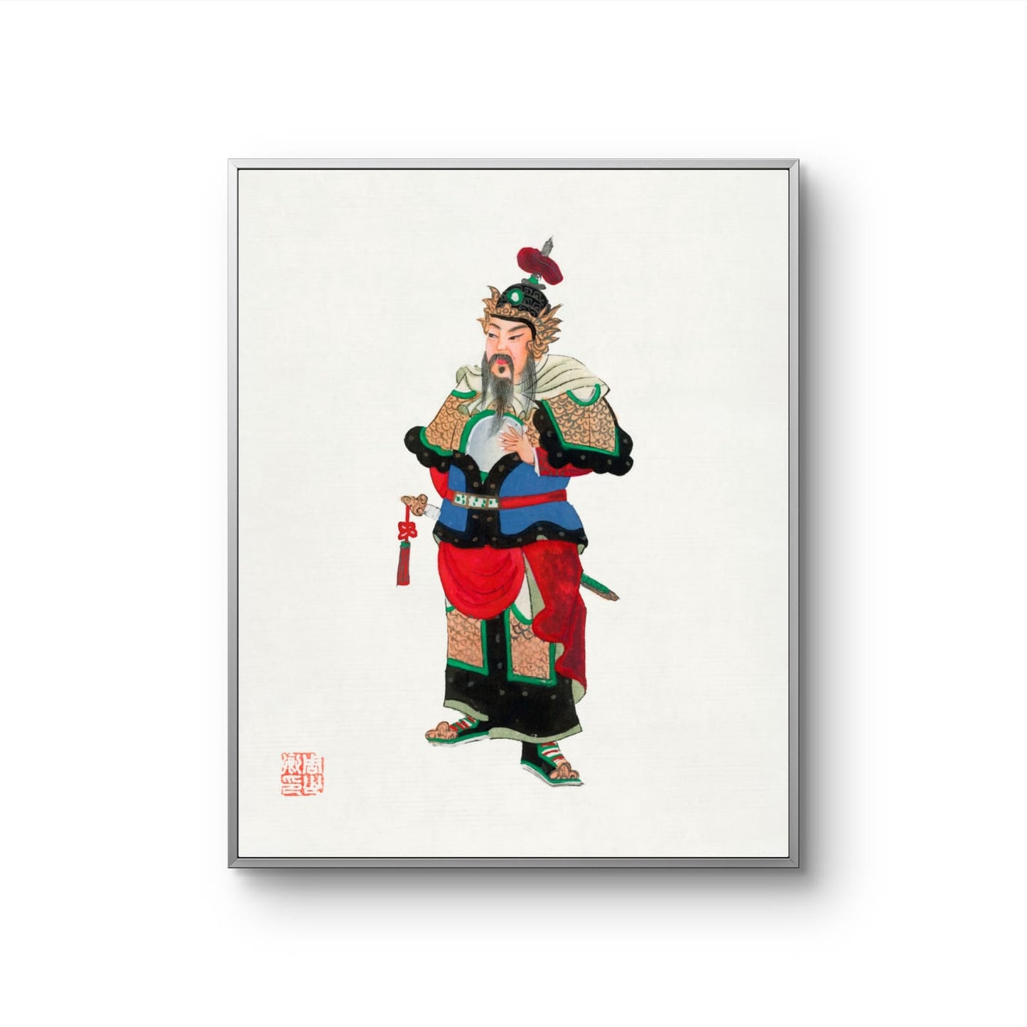 Framed artwork of a traditional Chinese figure with colorful attire on a white background