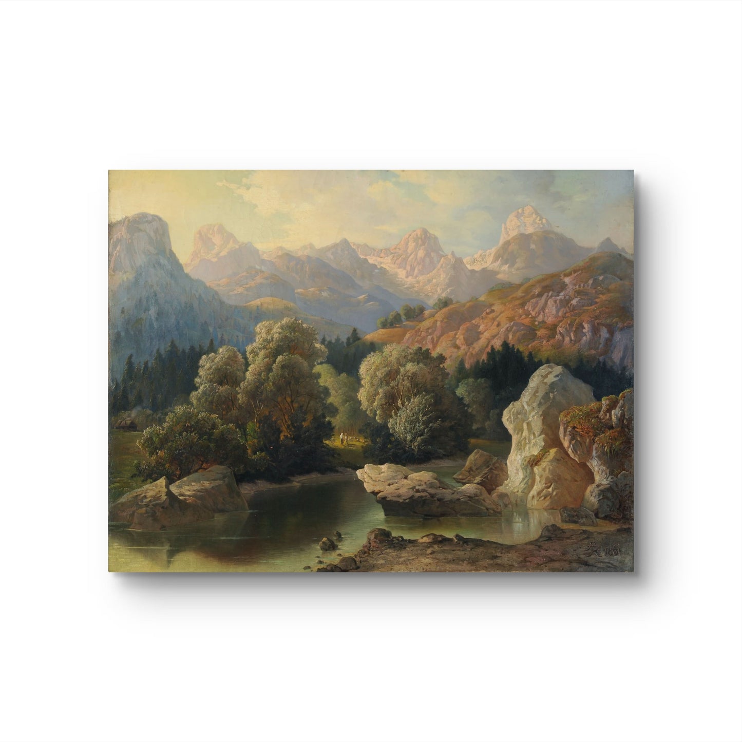 Landscape painting of a mountainous area with trees and a lake.