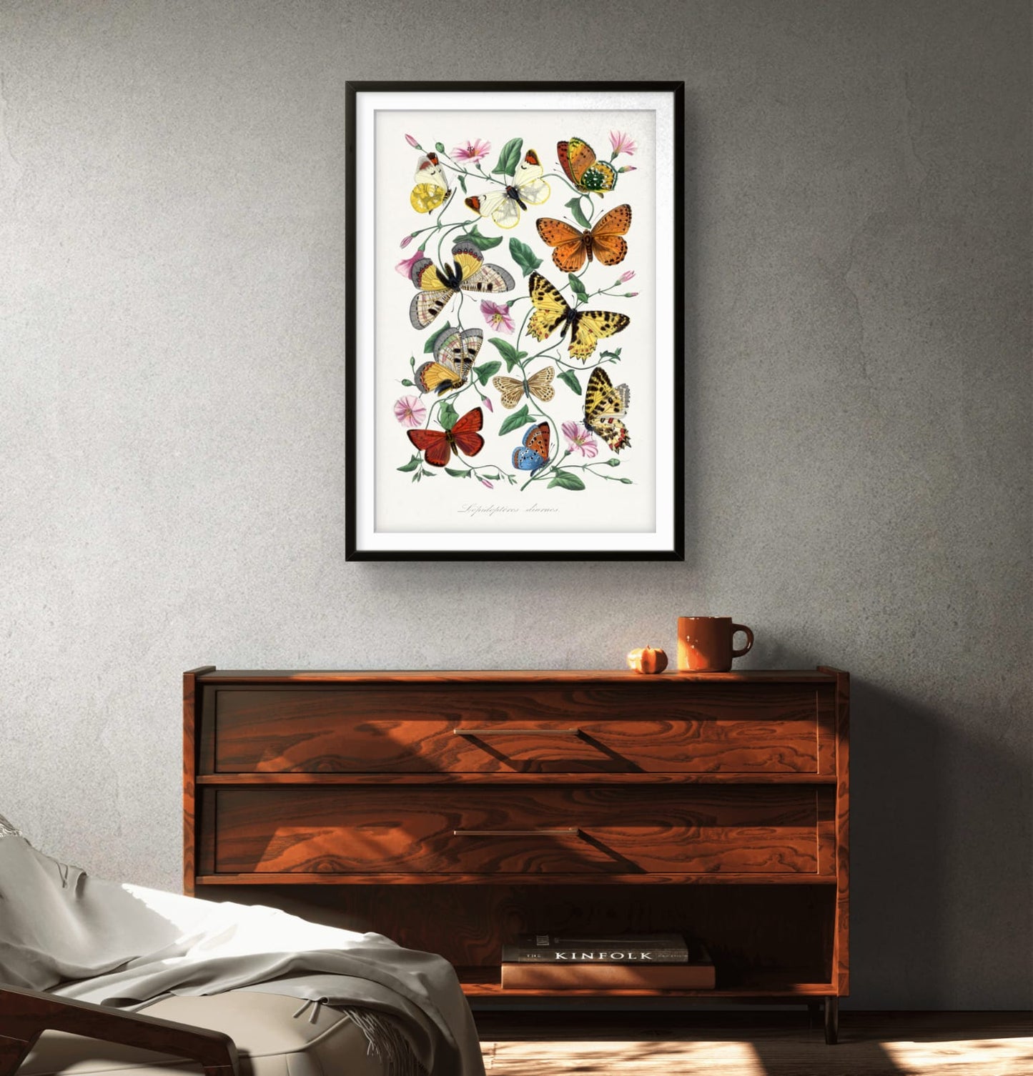Framed butterfly artwork on a gray wall above a wooden cabinet.