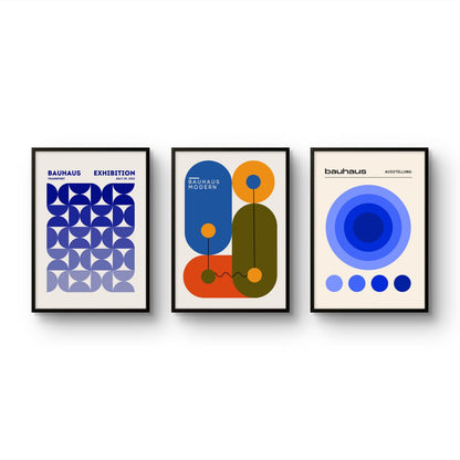Bauhaus Blue abstract art print featuring gold and silver tones