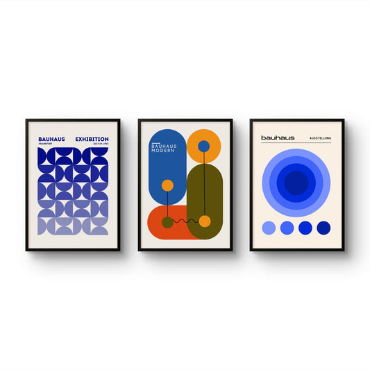 Bauhaus Blue abstract art print featuring gold and silver tones