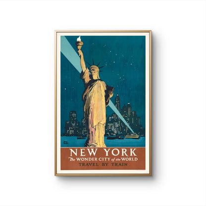 Vintage-style poster of the Statue of Liberty with New York cityscape, framed.