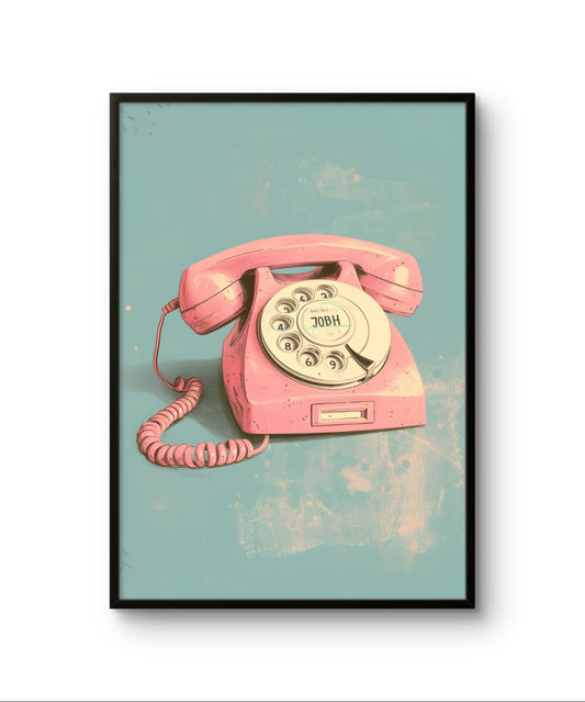 Framed artwork of a pink rotary phone on a light blue background