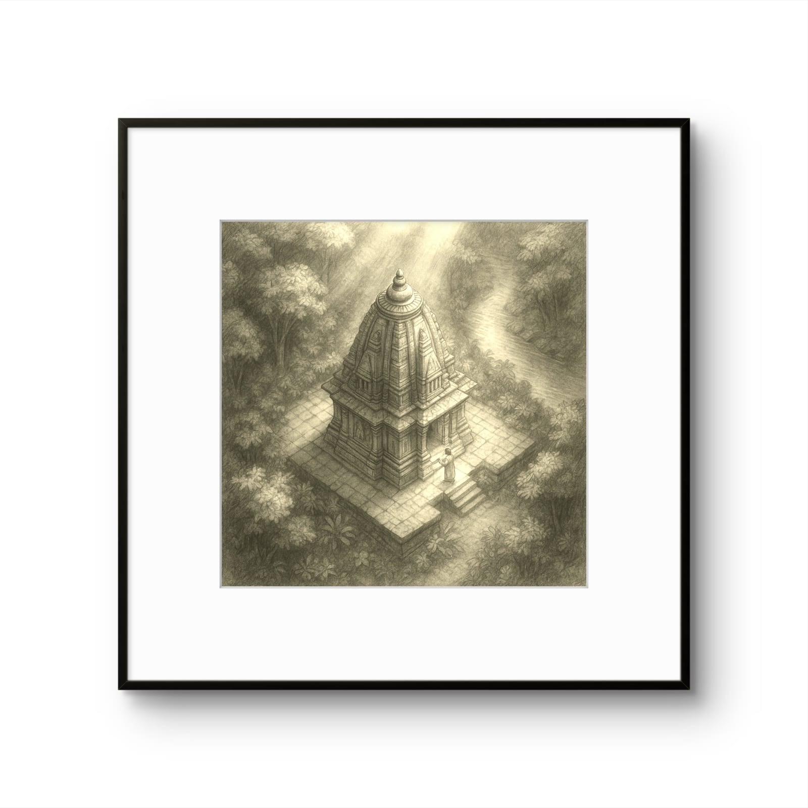Framed artwork of a temple in a forest with sunlight filtering through the trees.