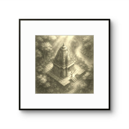 Framed artwork of a temple in a forest with sunlight filtering through the trees.