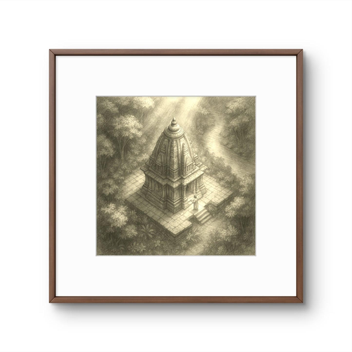 Framed artwork of a temple in a forest with sunlight filtering through the trees.