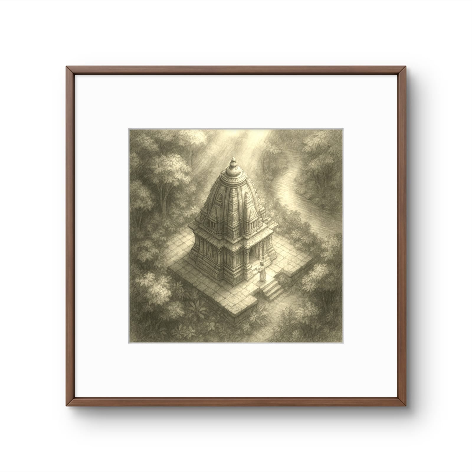 Framed artwork of a temple in a forest with sunlight filtering through the trees.