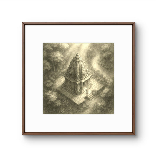 Framed artwork of a temple in a forest with sunlight filtering through the trees.