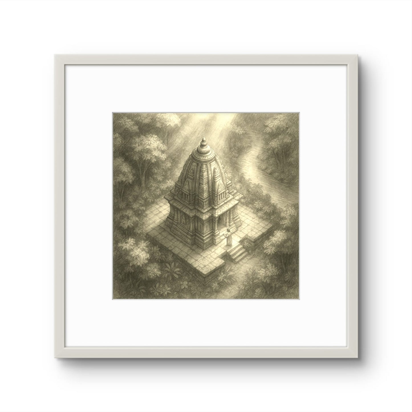 Framed artwork of a temple in a forest with sunlight filtering through the trees.