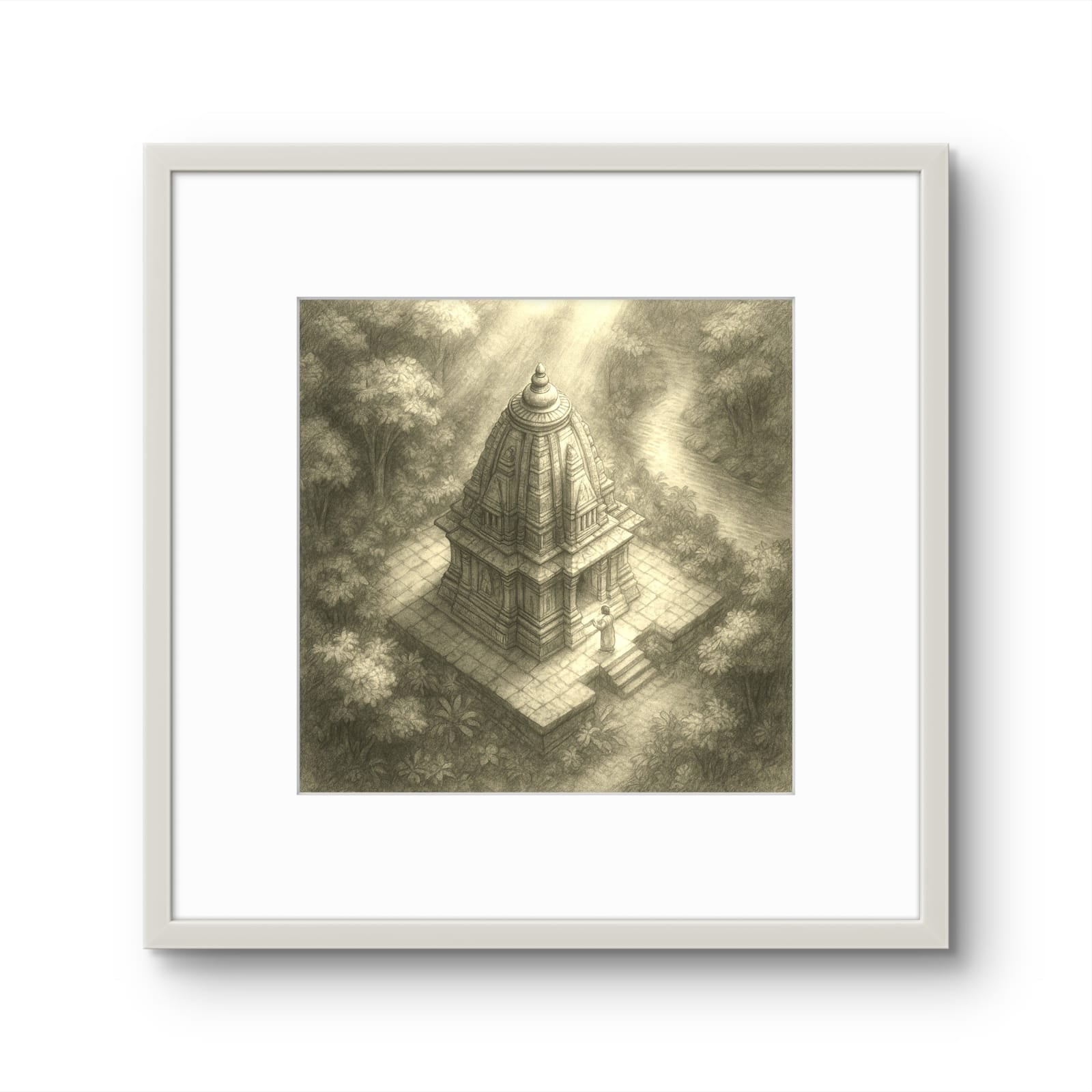 Framed artwork of a temple in a forest with sunlight filtering through the trees.