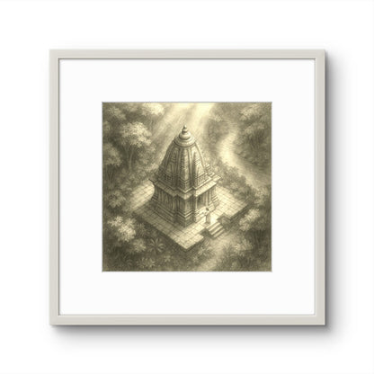 Framed artwork of a temple in a forest with sunlight filtering through the trees.