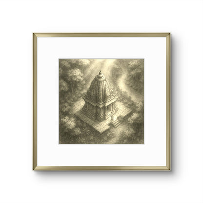 Framed artwork of a temple in a forest on a white background