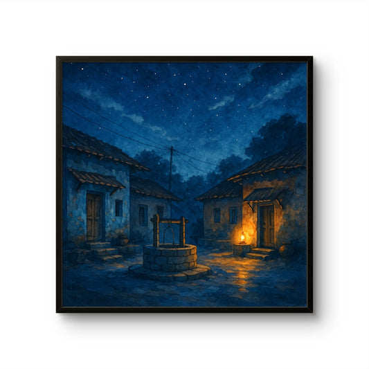 Framed artwork of a village scene at night with a well and lit lantern.