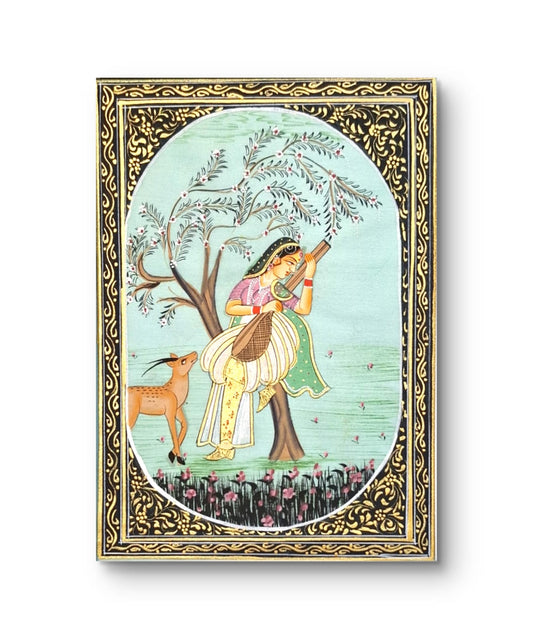 Lady with a deer & hand instrument- Handpainted Miniature 16.5 x 11.5 cms