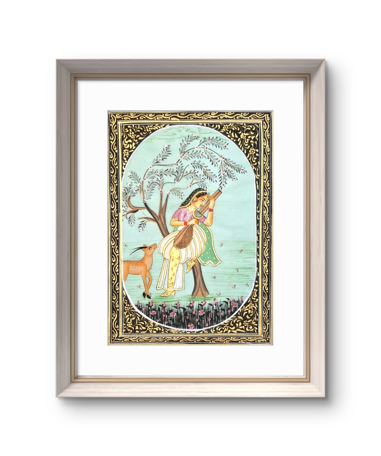 Lady with a deer & hand instrument- Handpainted Miniature 16.5 x 11.5 cms