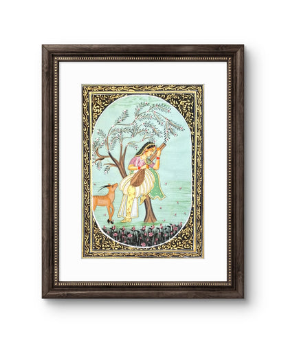 Lady with a deer & hand instrument- Handpainted Miniature 16.5 x 11.5 cms