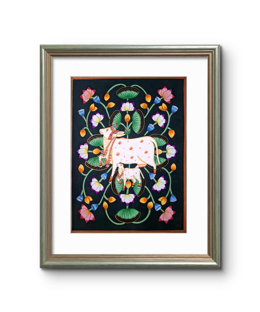 Handpainted Pichwai Cow Black Background