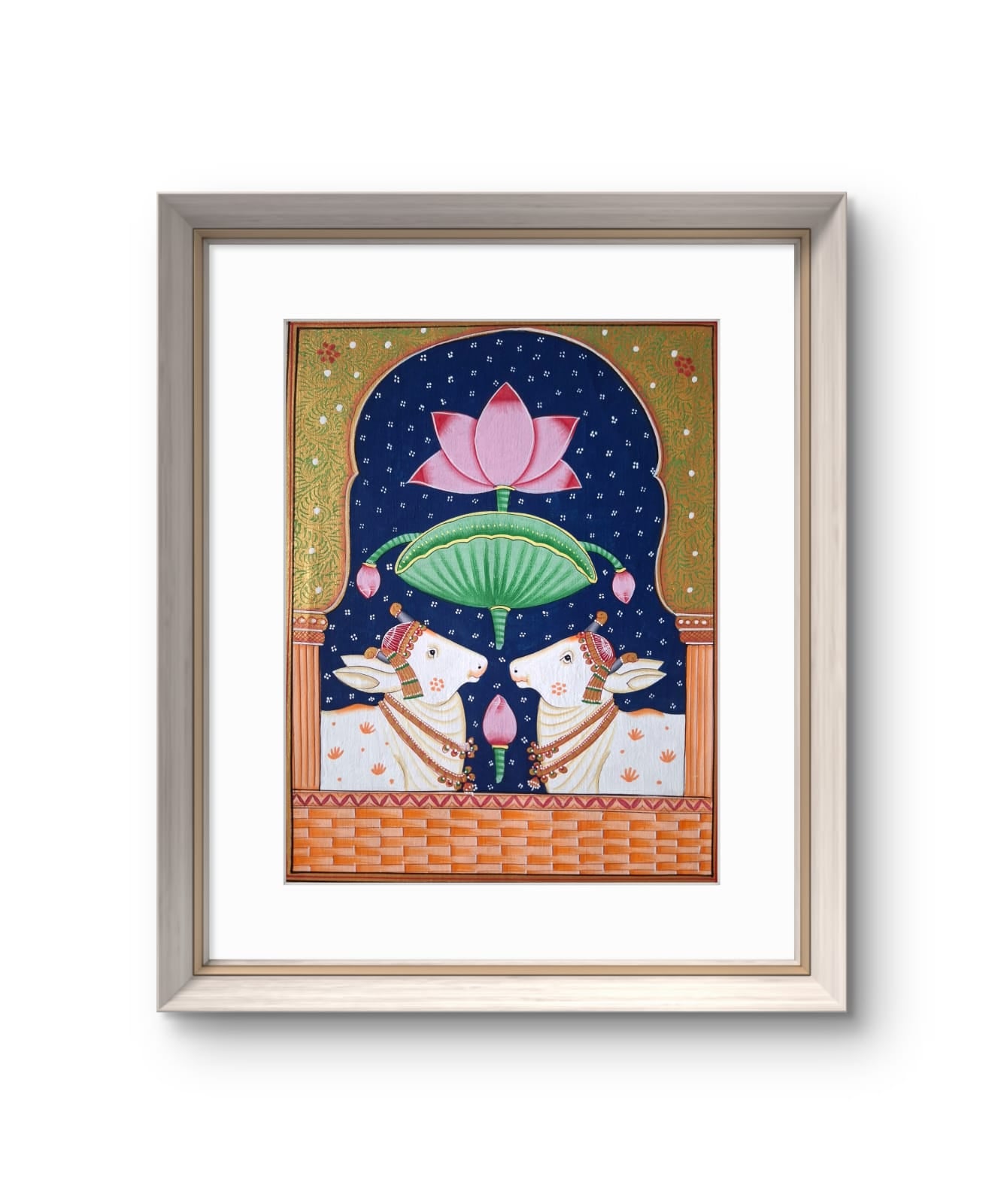 Handpainted- Two Pichwai Cows with Lotuses