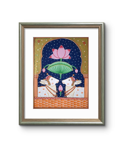 Handpainted- Two Pichwai Cows with Lotuses