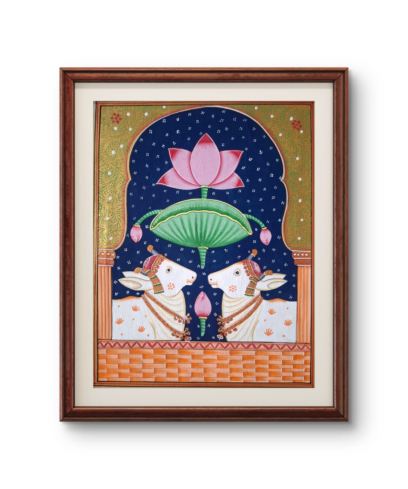 Handpainted- Two Pichwai Cows with Lotuses