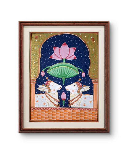 Handpainted- Two Pichwai Cows with Lotuses