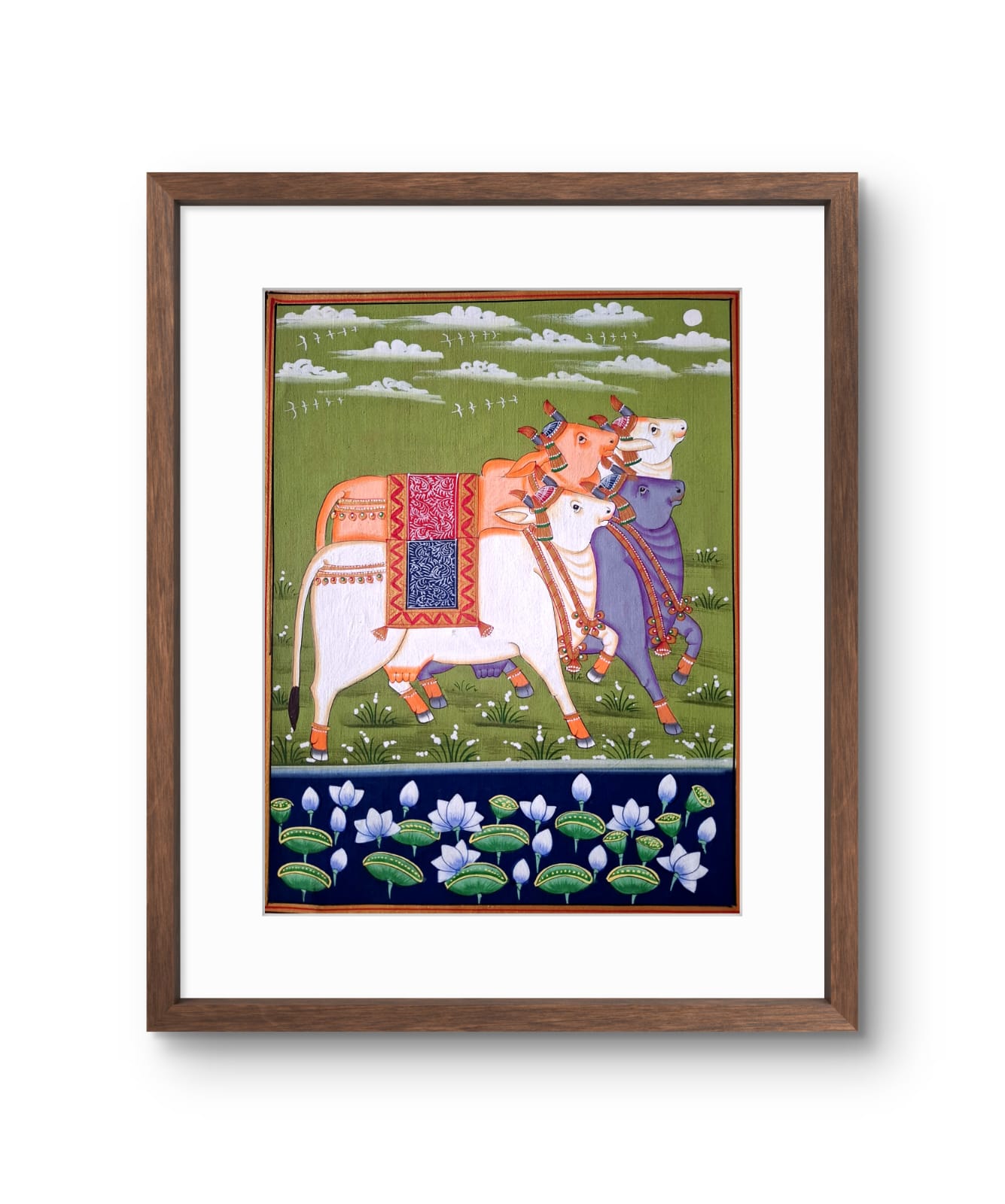 Handpainted- Three Pichwai Cows on green backdrop