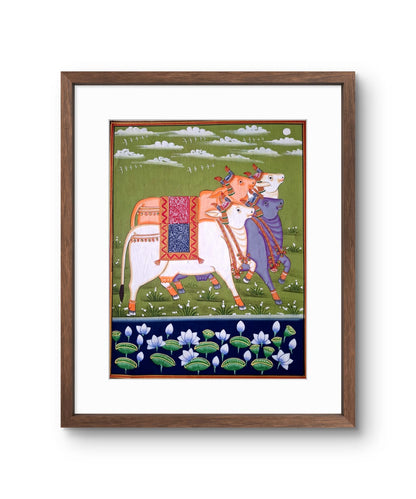 Handpainted- Three Pichwai Cows on green backdrop