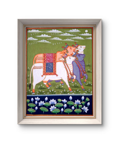Handpainted- Three Pichwai Cows on green backdrop