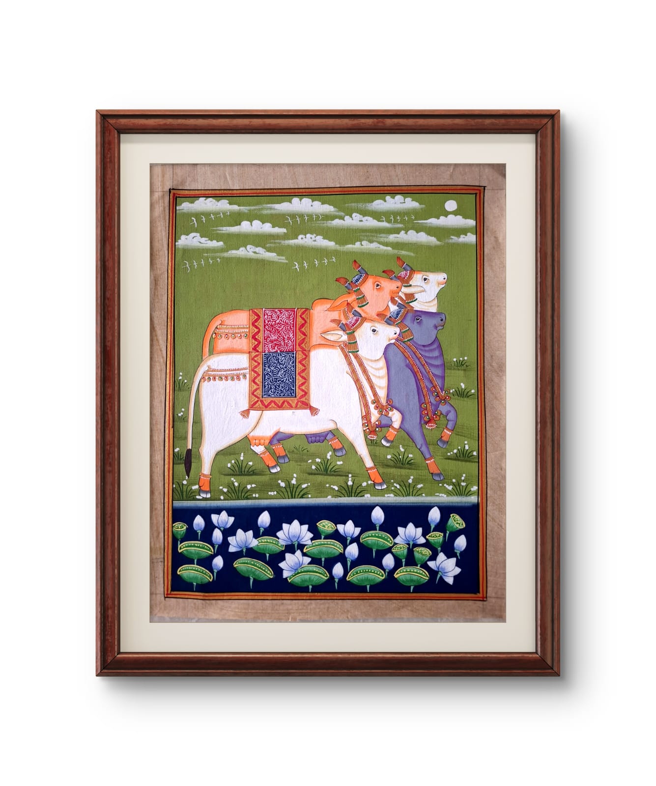 Handpainted- Three Pichwai Cows on green backdrop