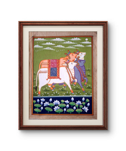 Handpainted- Three Pichwai Cows on green backdrop