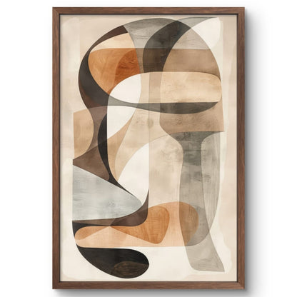 Abstract art piece with geometric shapes in earthy tones on a white background