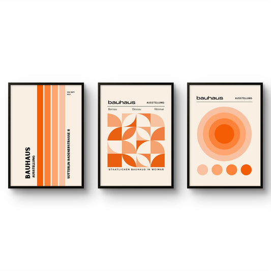 Bauhaus Orange abstract art print featuring gold and silver tones