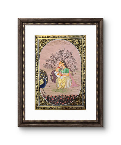 Lady with a peacock- Handpainted Miniature 16.5 x 11.5 cms