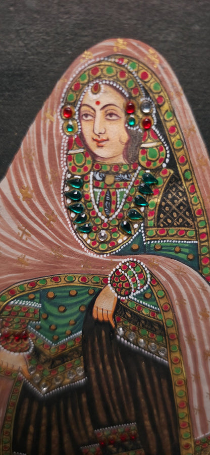 Decorative portrait of a woman with intricate jewelry and clothing on a dark background